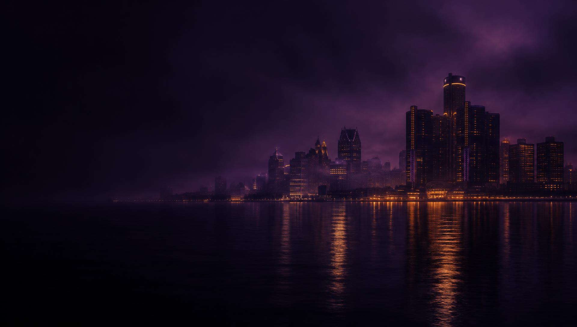 Detroit skyline at night across the river, lit in purple and gold